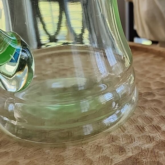 Vintage Vaseline Glass Pitcher Uranium Etched Glass Floral - Picture 10 of 13